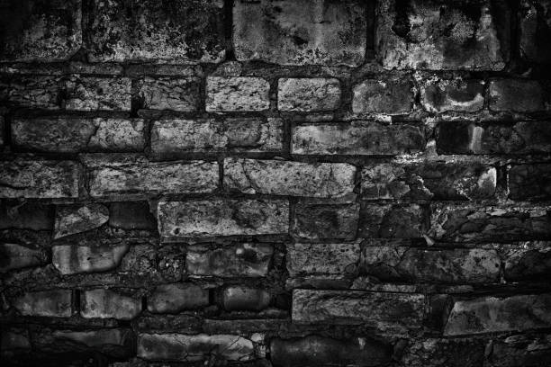istock Gloomy old black brick wall - sinister dark background 1027643442