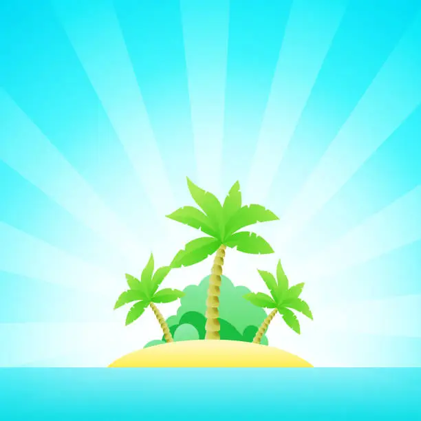 Vector illustration of Cartoon Seascape with Exotic Island in Ocean under Clean Blue Sky