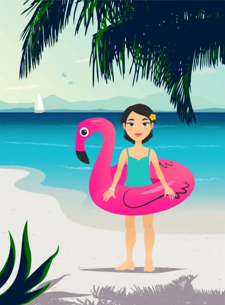 Vector illustration of Girl and a flamingo inflatable ring