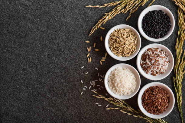 istock Variation of bowls of rice with rice paddy stems background 1027649934