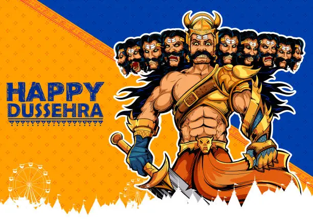 Vector illustration of Ravana with ten heads for Navratri festival of India poster for Dussehra