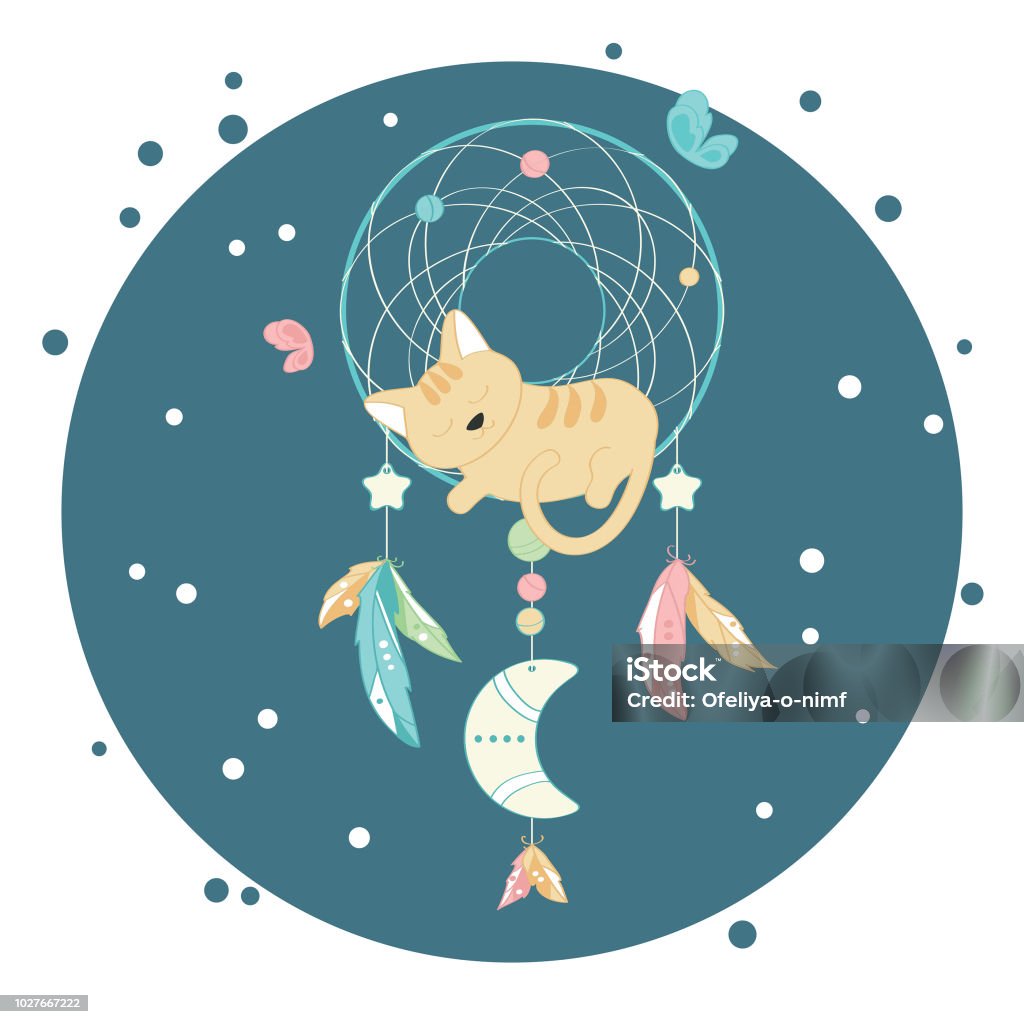 Cat sleeping on dreamcatcher Cute stock vector