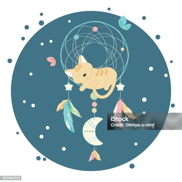 Cat Sleeping On Dreamcatcher Stock Illustration - Download Image Now - Cute, Dreamcatcher, Abstract