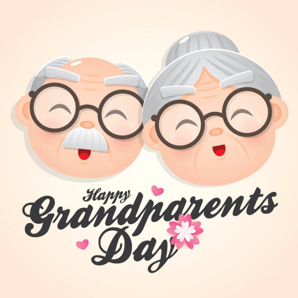 おじいさんとおばあさんを笑顔で幸せな祖父母の日挨拶ベクトル。 - grandparent grandfather grandchild grandmother点のイラスト素材／クリップアート素材／マンガ素材／アイコン素材