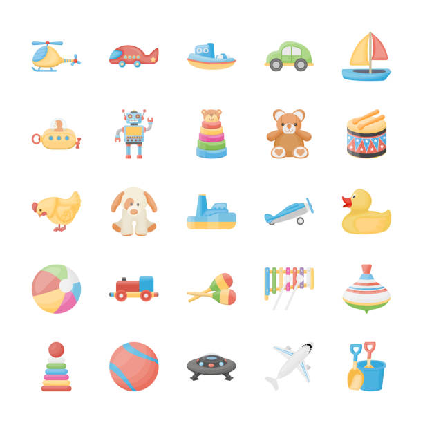 Toys Flat Icons The toys pack is having icons of kids games, kids toys, children activities and much more such as plane toy, pet toy, kids football, ball and so on.Avail this pack to market yourself and leave an everlasting image on the esthetics of your viewers. toy boat stock illustrations