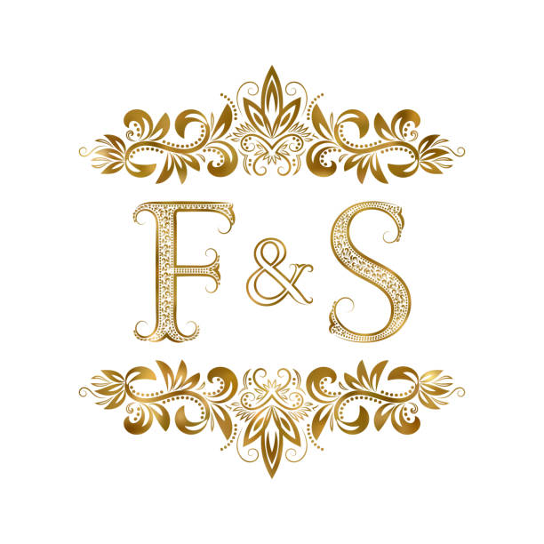 F and S vintage initials symbol. The letters are surrounded by ornamental elements. Wedding or business partners monogram in royal style. F and S vintage initials symbol. The letters are surrounded by ornamental elements. Wedding or business partners monogram in royal style. antique illustration of ornate letter f stock illustrations