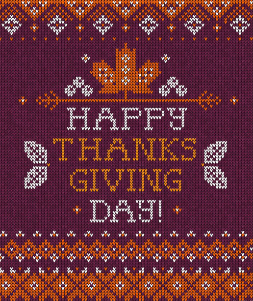 Knitted pattern background Happy Thanksgiving Day family party greeting card Knitted pattern background Happy Thanksgiving Day family party invite. Vector illustration Handmade knitting scandinavian ornament witn autumn fall maple leaves. White, purple, orange colors christmas family party stock illustrations