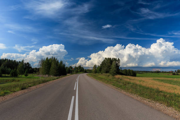 istock Road up hill with green grass field under white clouds and blue sky. 1027683408