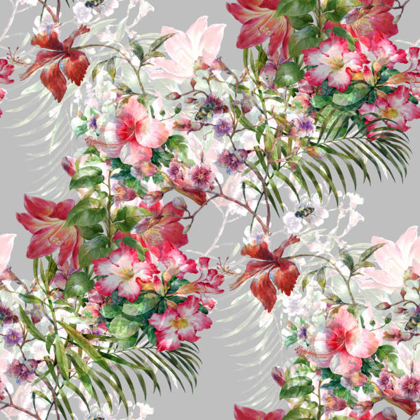 istock Watercolor painting of leaf and flowers, seamless pattern on gray background 1027687238