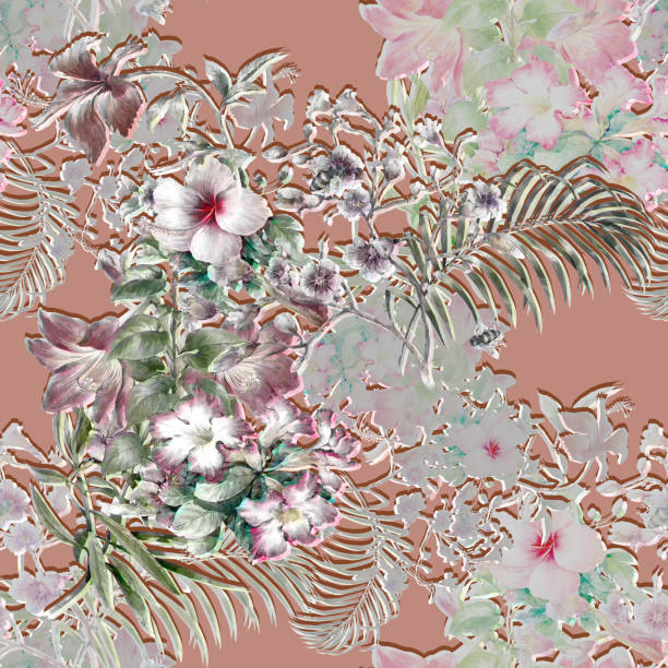 istock Watercolor painting of leaf and flowers, seamless pattern on gray background 1027687252