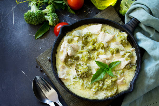 istock Healthy food: Chicken Stew with Broccoli and Sour Cream on a stone or slate background. Diet menu. 1027690262