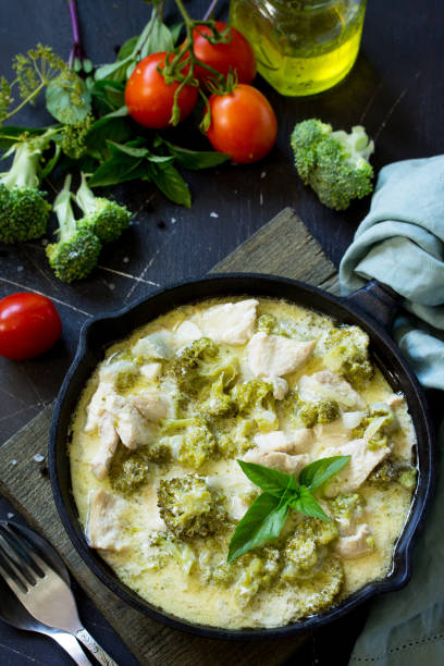 istock Healthy food: Chicken Stew with Broccoli and Sour Cream on a stone or slate background. Diet menu. 1027690264
