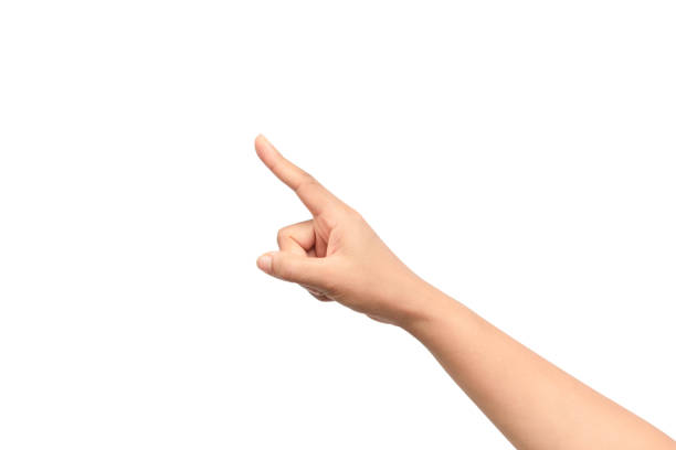 istock Woman hand point up finger isolated on a white background 1027693828