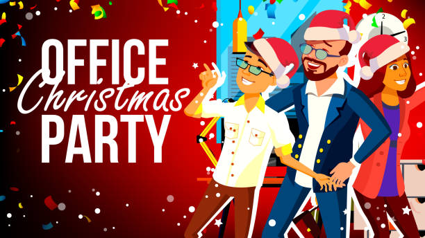 Christmas Corporate Party Vector. Holiday. Cheerful Business People. Merry Christmas And Happy New Year. Mixed Race. Cartoon Illustration Christmas Corporate Party Vector. Merry People. Mixed Race. Friends In Office. Cartoon Illustration office parties stock illustrations