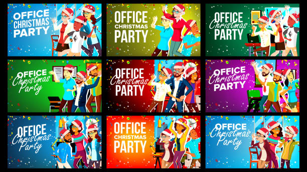 Office Christmas Party Banner Set Vector. Celebrating. Merry Christmas And Happy New Year. Having Fun. Mixed Race. Santa Hats. Friends In Office. Businesspeople Team Having Fun. Cartoon Illustration Office Christmas Party Banner Set Vector. Celebrating. Merry Christmas And Happy New Year. Having Fun. Mixed Race. Santa Hats. Friends In Office. Businesspeople Having Fun. Cartoon Illustration office parties stock illustrations