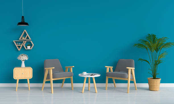 istock gray armchair in blue living room, 3D rendering 1027709606