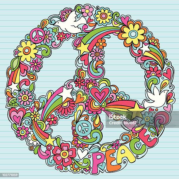 Psychedelic Peace Sign And Doves Notebook Doodle Stock Illustration - Download Image Now - Symbols Of Peace, Peace Sign - Gesture, Peace Symbol