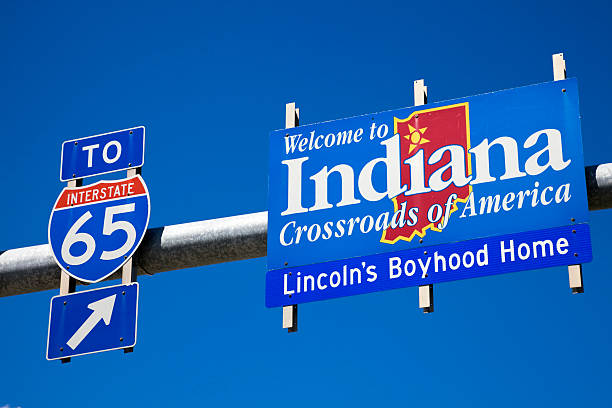 Welcome to Indiana road sign against blue sky.  indiana photos stock pictures, royalty-free photos & images