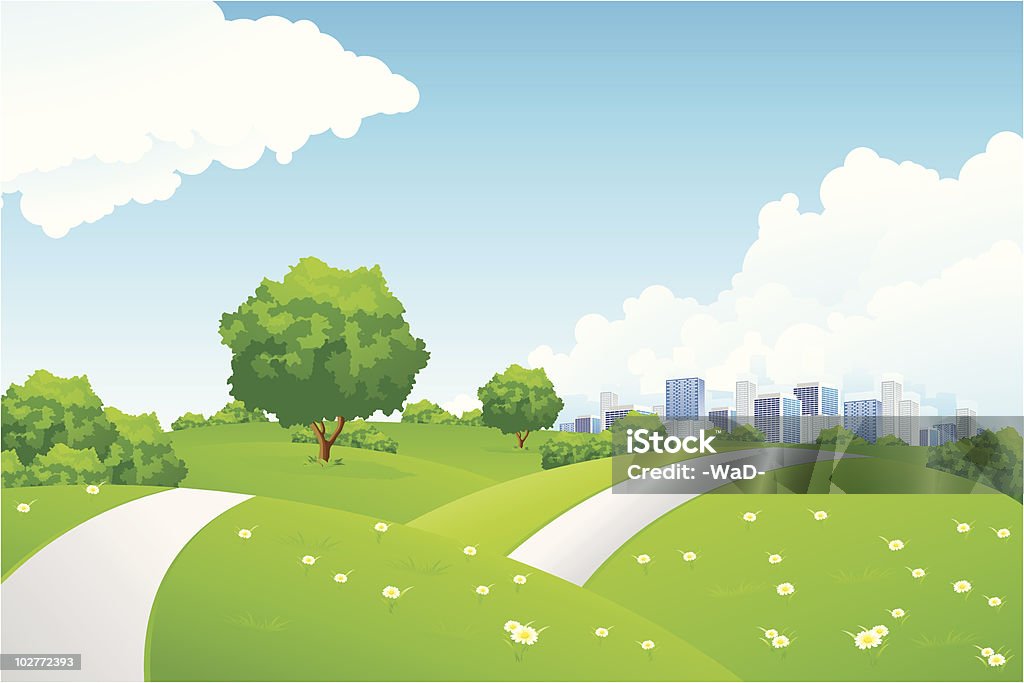 Landschaft mit grünen Hügel mit einem Baum und Stadt - Lizenzfrei Außenaufnahme von Gebäuden Vektorgrafik