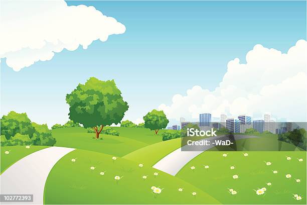 Landschaft Mit Grünen Hügel Mit Einem Baum Und Stadt Stock Vektor Art und mehr Bilder von Außenaufnahme von Gebäuden