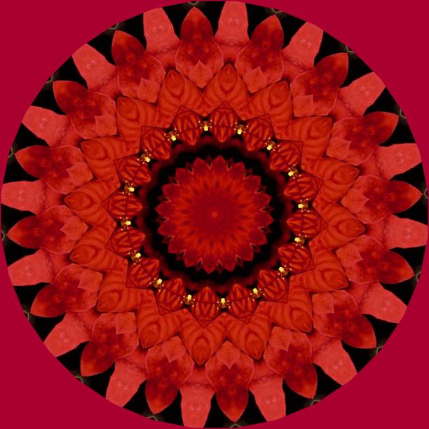 istock Beautiful red, gold, black mandala on red background with holiday floral pattern 1027735152