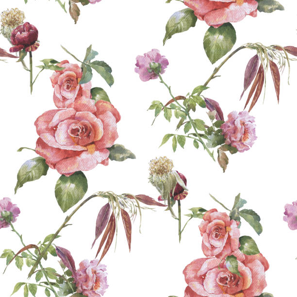 istock Watercolor painting of leaf and flowers, seamless pattern on white background 1027735322