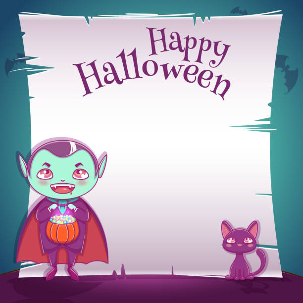 kleines kind im kostüm des vampirs mit schwarzen kätzchen. happy halloween-party. editierbare vorlage mit text platz. - scroll halloween pumpkin letter stock-grafiken, -clipart, -cartoons und -symbole