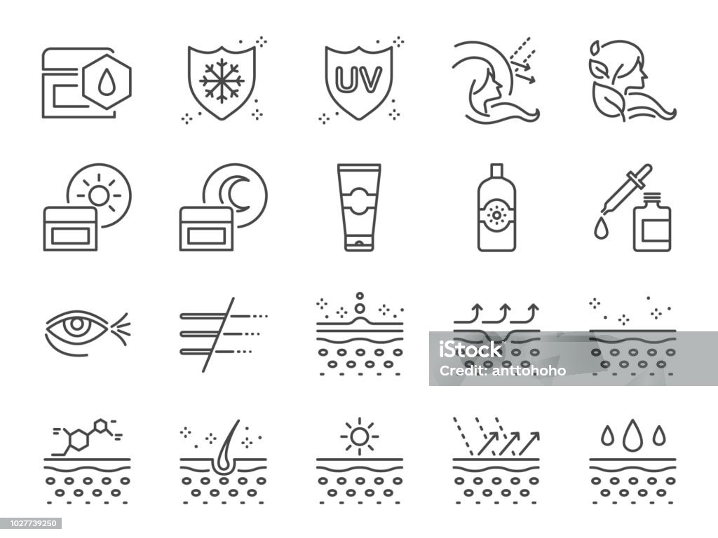 Haut-Pflege-Icon-Set. Im Preis inbegriffen Ikonen wie Kollagen, medizinische Kosmetik, Sonnencreme, Creme, gesunde Haut, Falten und mehr. - Lizenzfrei Icon Vektorgrafik