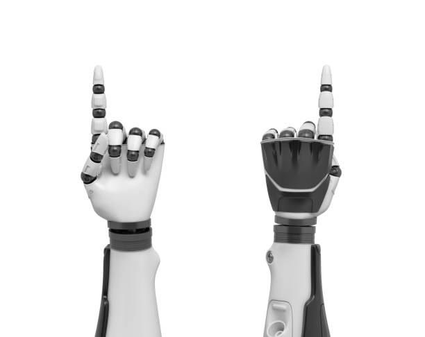 3d rendering of two robotic arms with all fingers in a fist except the index finger pointing out stock photo
