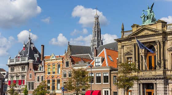 Haarlem, Netherlands - September 03, 2017: Panorama of historic buildings in Haarlem, Netherlands