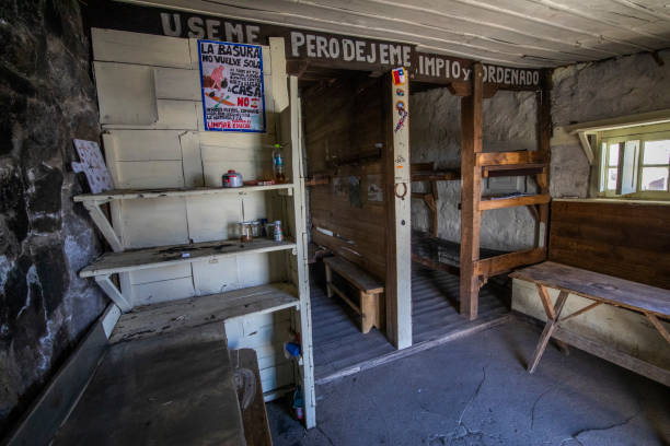 istock Interior of an old mountain shelter inside central Andes at Santiago de Chile with notes for climbers and a small place to sleep on emergency case 1027742708