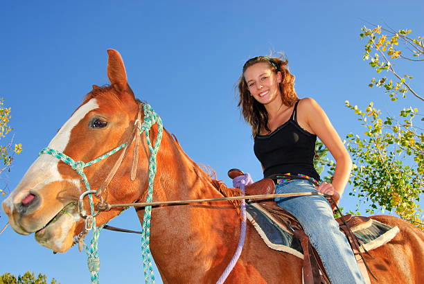 Girl and her horse stock photo