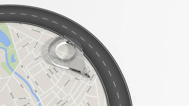 istock Map with zoom on road with turn and big glass pointer, isolated on white with copy-space 1027745244