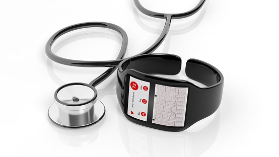 Smartwatch with cardio app on screen and stethoscope, isolated on white background.