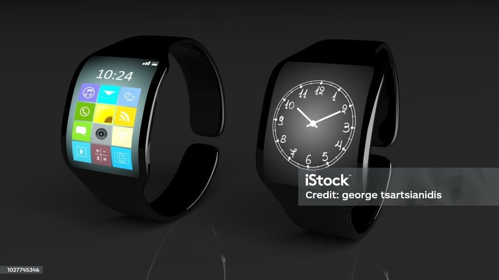 Two smartwatches with apps and clock on screen, isolated on black background. Analog Stock Photo