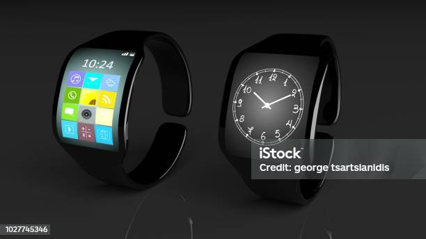 Two Smartwatches With Apps And Clock On Screen Isolated On Black Background Stock Photo - Download Image Now