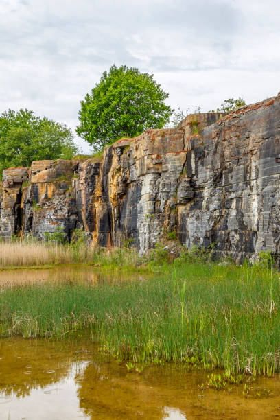 istock Rock Wall by a pond in an old abandoned mine 1027746498