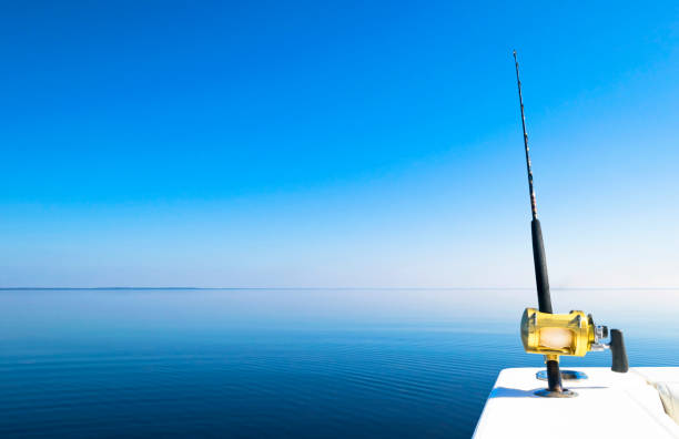 青い海で漁業の日中プライベート海水のモーター ボートの釣り竿。成功した釣りのコンセプト - cloud sailboat fishing boat fishing industry ストックフォトと画像