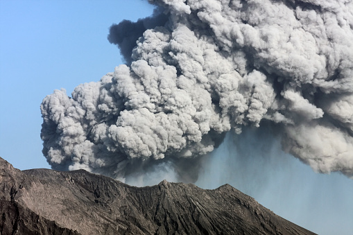 Volcanic ejection of ashes by Sakurajima active volcano, Kagoshima city, Kyushu, Japan