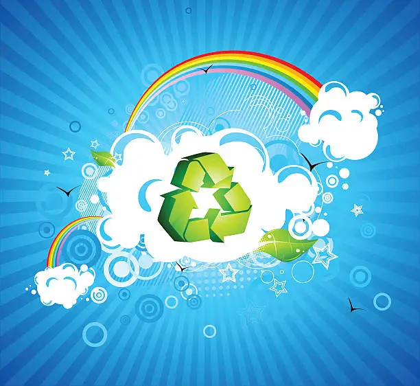 Vector illustration of Recycling symbol and abstract colourful clouds