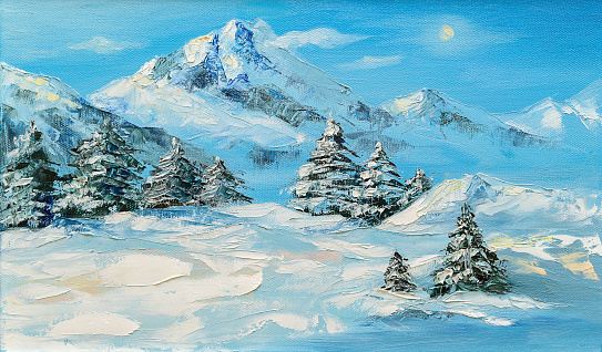 Painted with oil paints landscape with fir-trees in the foreground