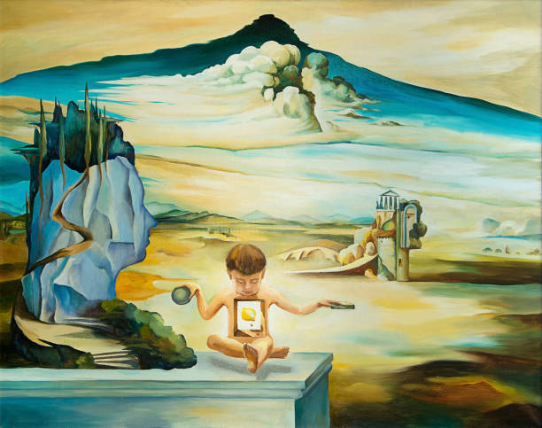 original oil painting based on Salvador Dali silhouette of a female head, child, clouds, a nonexistent city, motifs taken from the paintings of Salvador Dali surreal stock pictures, royalty-free photos & images