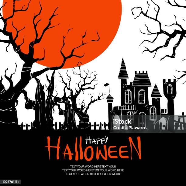 Ilustración de Árboles Encantadas Un Castillo Y Una Luna Sobre Fondo Blanco y más Vectores Libres de Derechos de Halloween