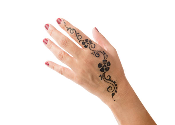Henna tattoo on female hand isolated on white background.