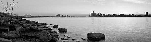 Detroit Michigan and Windsor Ontario Skyline Panorama stock photo