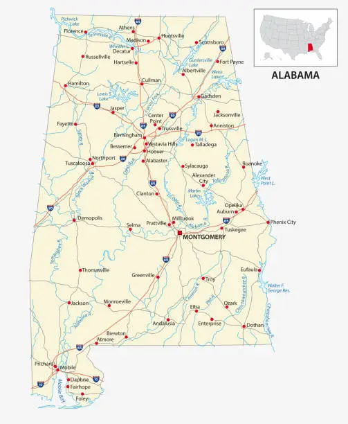 Vector illustration of road map of the US American State of Alabama