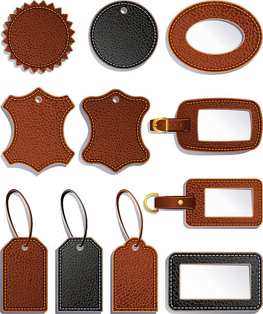 Black and brown leather labels Vector illustration - set of leather luggage labels and tags luggage tag stock illustrations