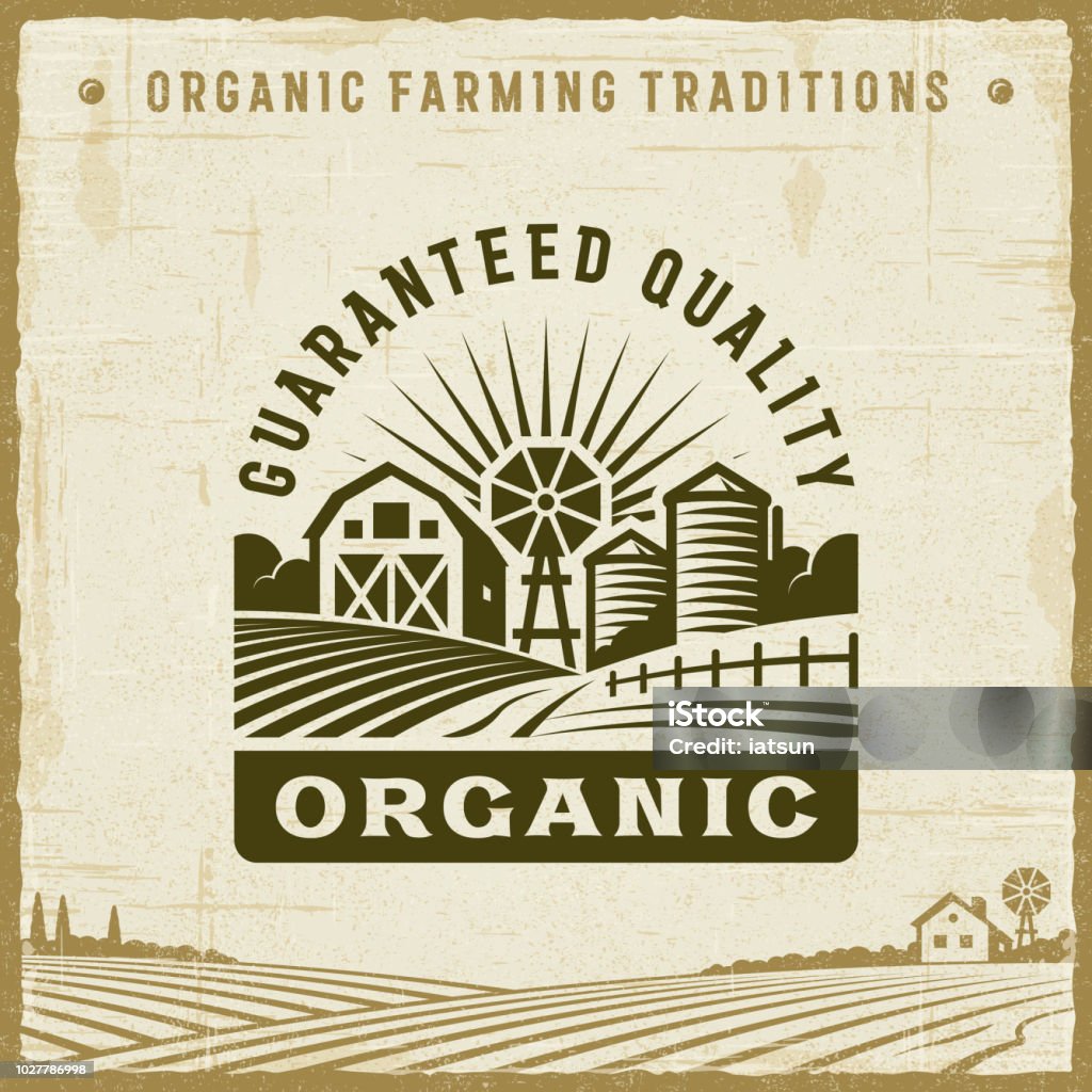 Vintage Organic Guaranteed Quality Label Vintage organic label in retro woodcut style. Editable EPS10 vector illustration with clipping mask and transparency. Barn stock vector