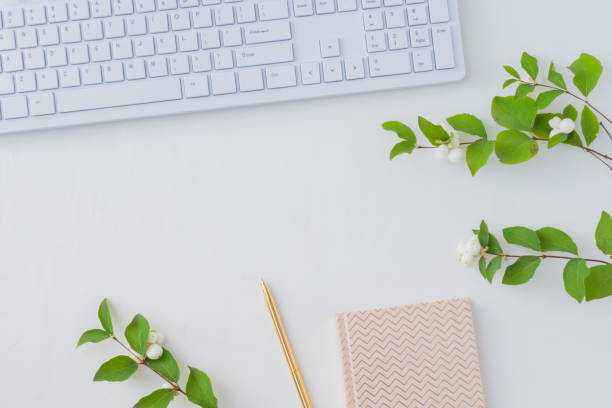 istock Flat lay desk and branch with green leaves 1027796296