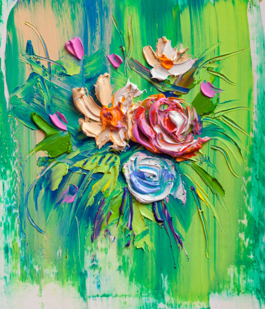 istock Oil painting flowers on a green background 1027796918